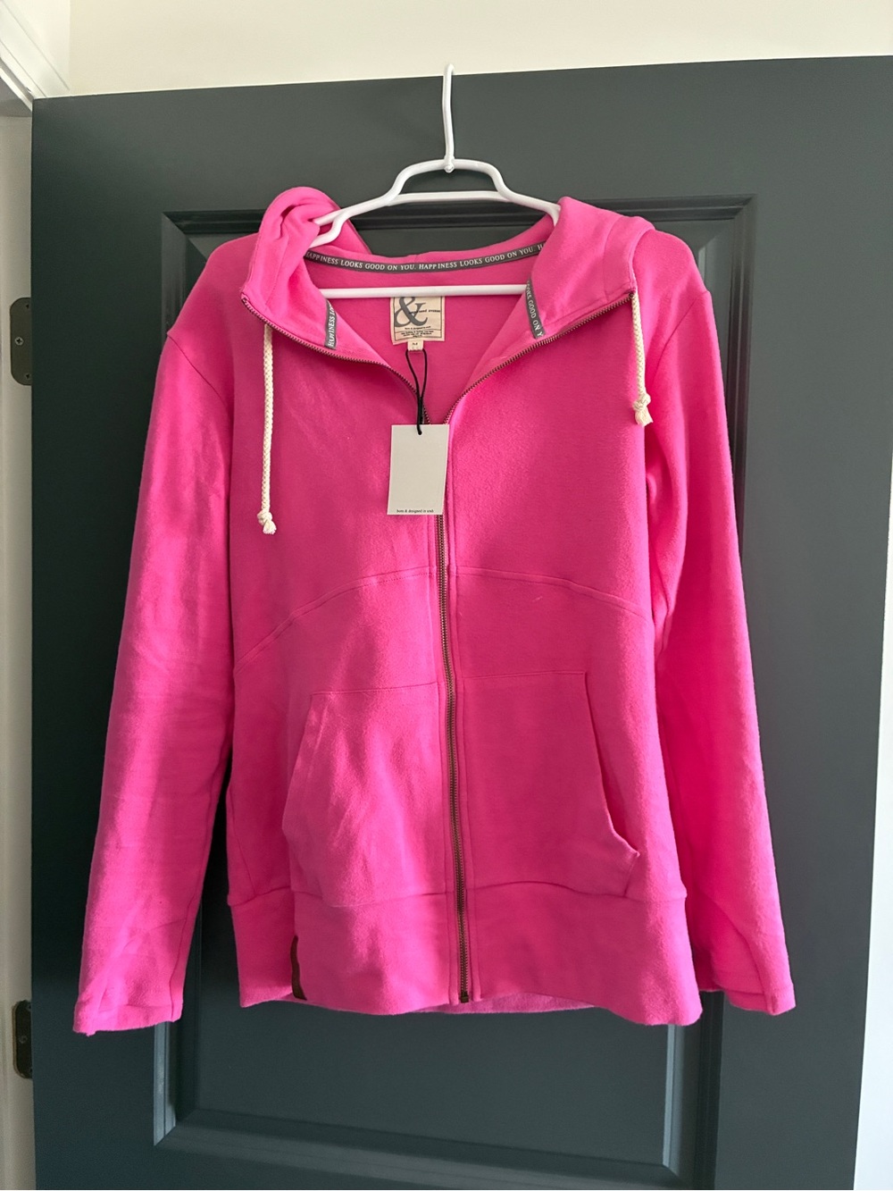 AMPERSAND AVE Hot Pink Full-Zip Hoodie with Cream Drawstrings